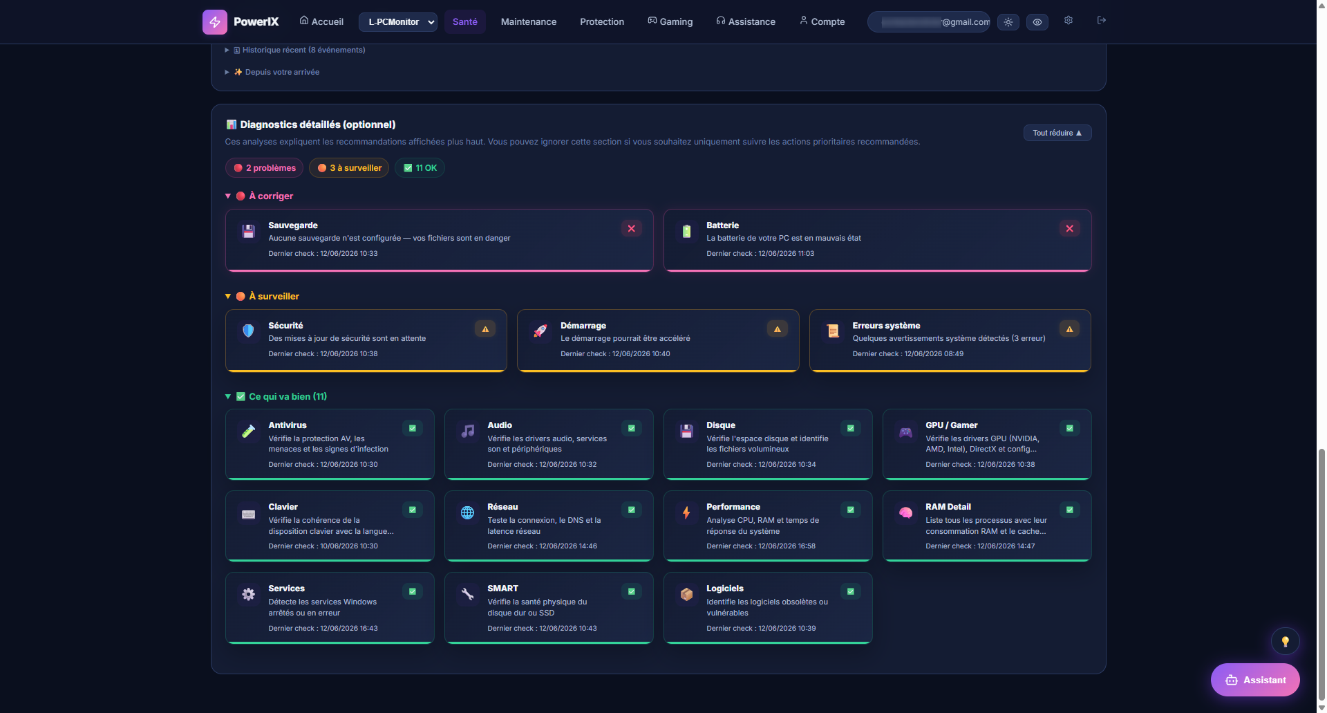 Page santé d'une machine suivie par PowerIX