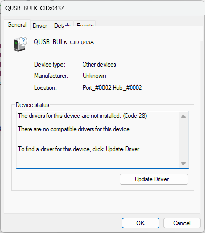 QUSB_BULK Code 28 (pilotes non installés) dans le Gestionnaire de périphériques, même session EDL Redmi Pad SE