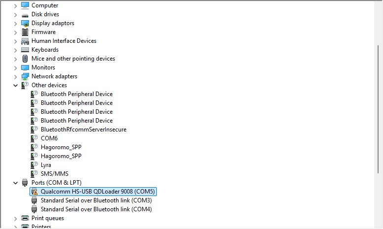 Qualcomm HS-USB QDLoader 9008 dans le Gestionnaire de périphériques, même session EDL Redmi Pad SE